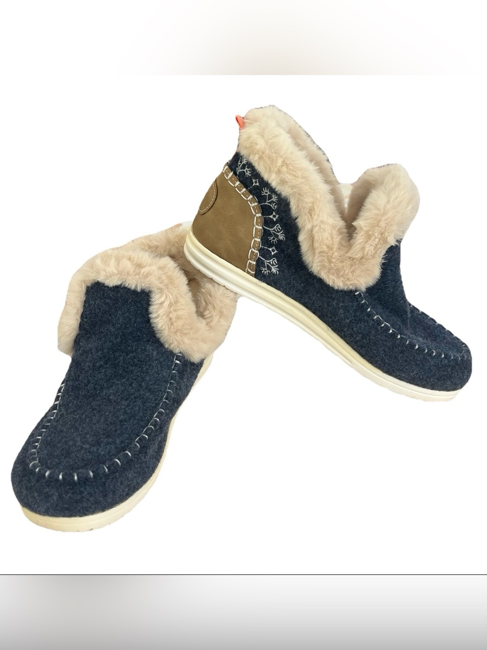 Navy Blue Faux Fur Moccasin Ankle Booties Slippers Whipstitch Detail 40 8.5